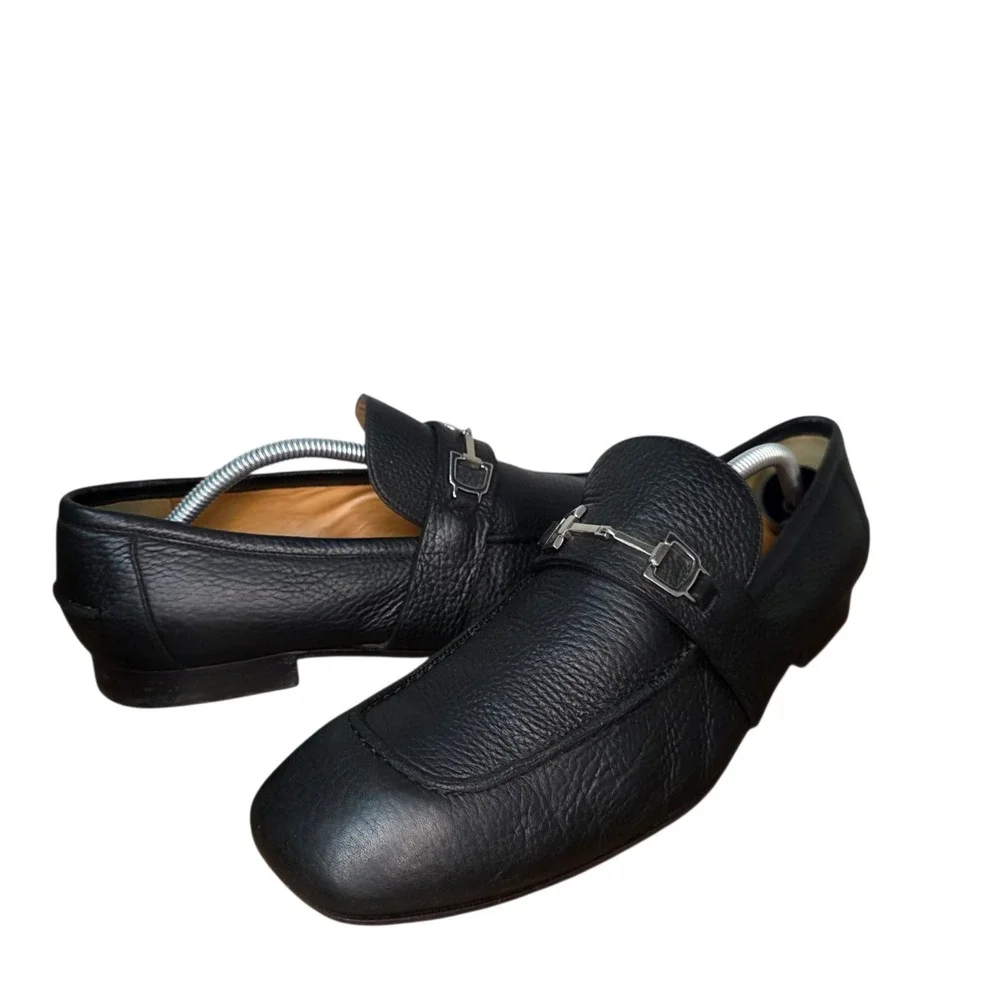 Gucci Mens 8.5 Black Pebble Leather Horsebit Square Toe Slip On Loafer Shoes